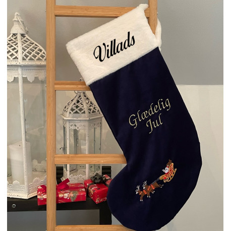 Mørkeblå luksus velour julestrømpe med navn på.