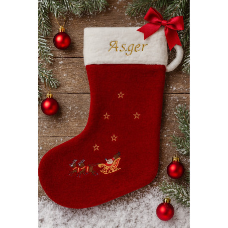 Luksus uld julesok med navn og julekane broderet